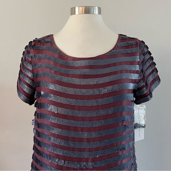 NWT French Connection Mini Dress Maroon Navy Sequin Stripes 6 - Picture 4 of 12